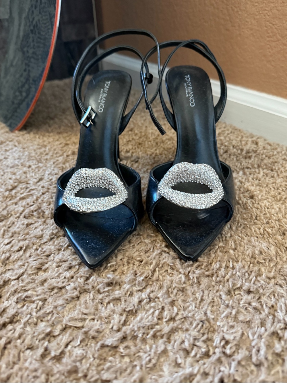 Tony Blanco Black Pointed Slingback Heels with Crystal Lip Applique